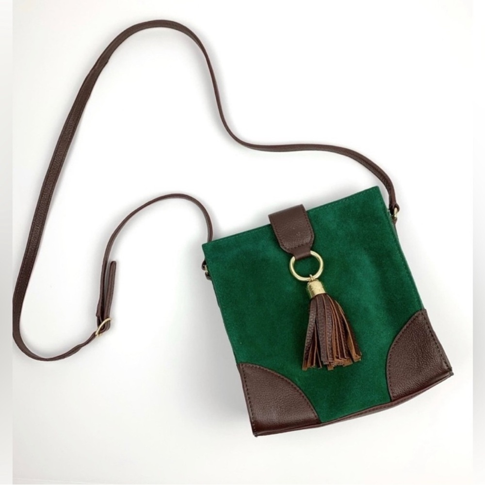 Emerald Green Suede Crossbody Bag with Tassel Accent